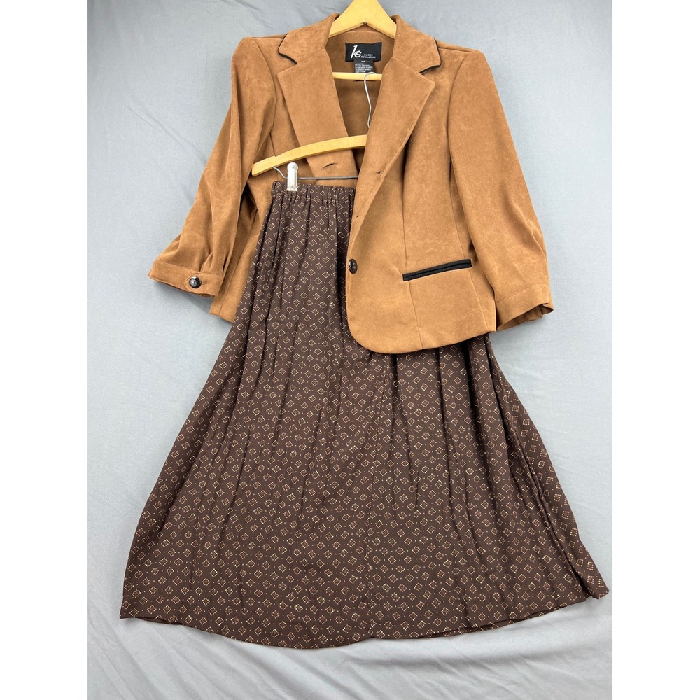 KS Petite Collection Skirt Suit Women 12P Blazer Brown Faux Suede Patterned Good
